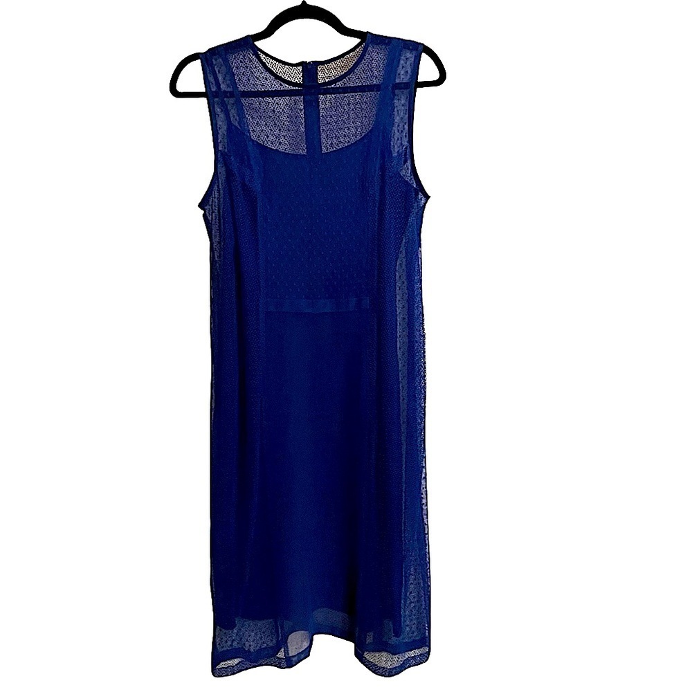 DKNY Cobalt Blue Sheer Mesh Lace Illusion Sleeveless Dress Size Large